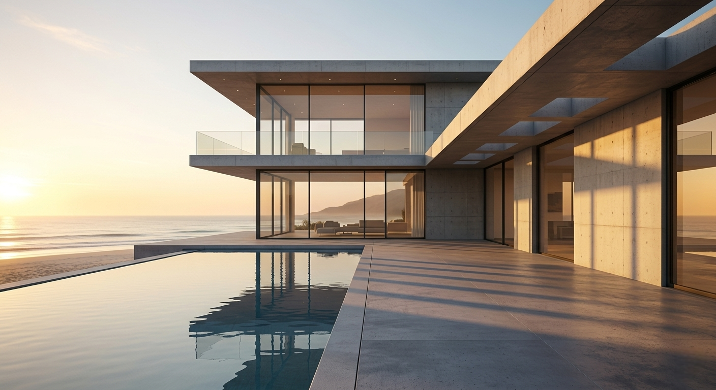 Modern architectural render of a minimalist beachfront villa at sunset