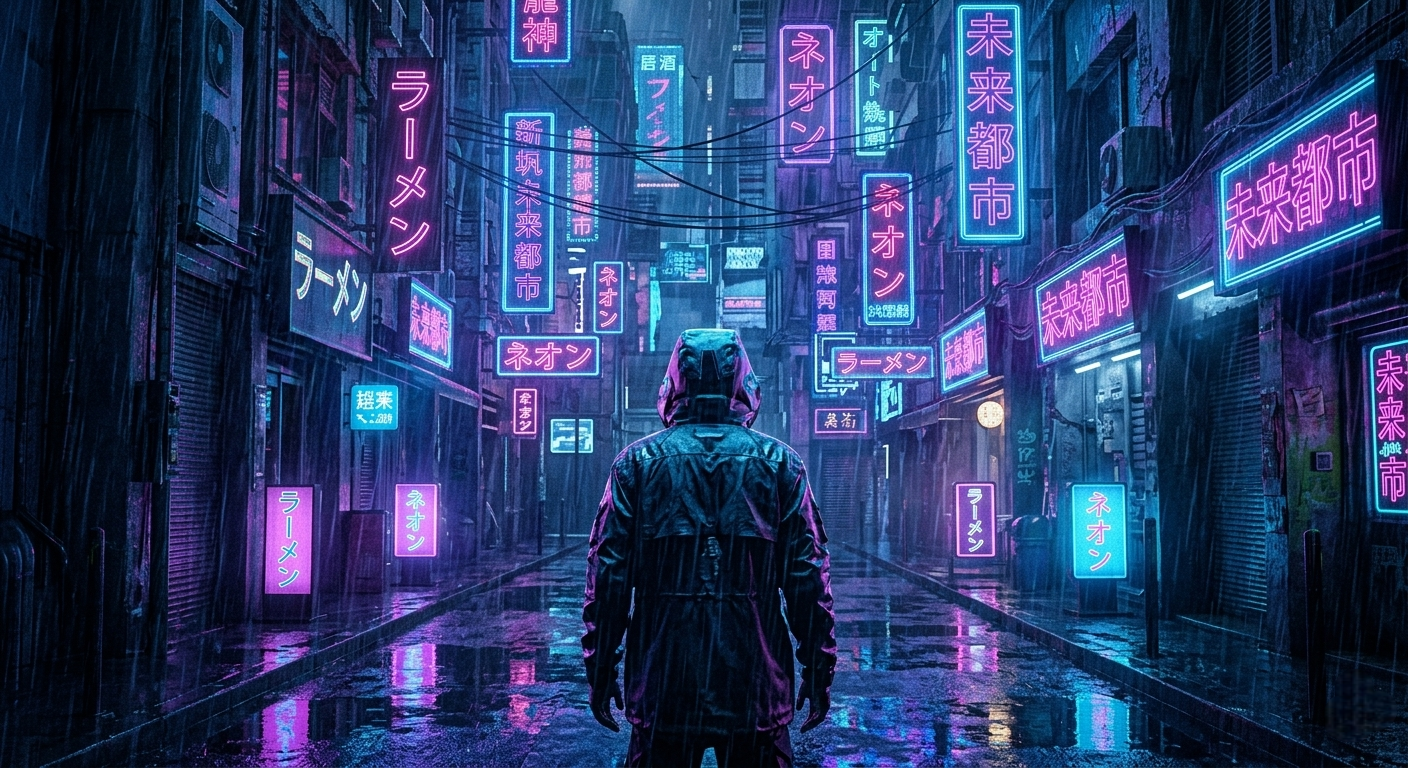 Moody cinematic view of a person in a cyberpunk neon alleyway