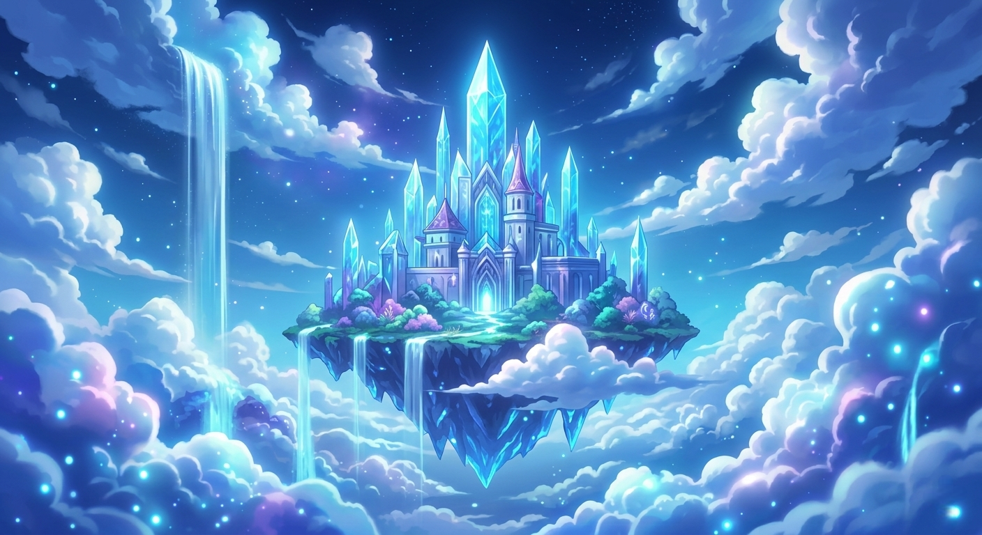 Vibrant digital art of a floating crystal castle in the sky