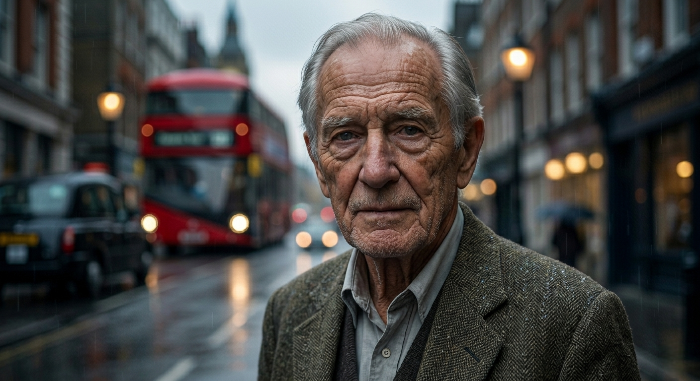 Photorealistic AI portrait of elderly man in London on a rainy street